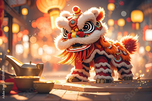 illustration cartoon single lion dance silhouette in action background image colorful background ai generated