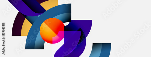Abstract shapes overlap, creating vibrant color gradients. Composition feels dynamic, modern, visually engaging. Smooth transitions dominate design.