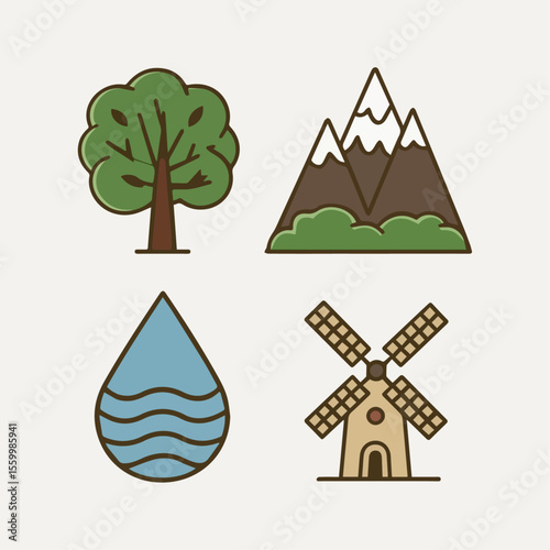 Nature Icons Collection, Trees, Mountains, Water Drops, and Windmills