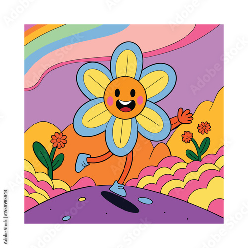 Smiling Cartoon Flower with Rainbow Background Illustration