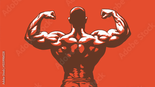 Silhouette of muscular man flexes biceps against a red background