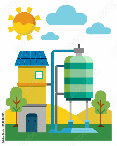 A solarpowered filtration system for community use providing clean drinking water for rural villages.. Vector illustration