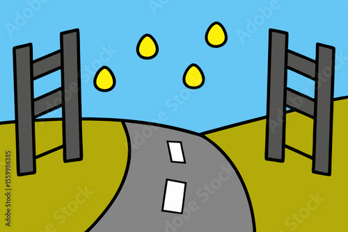 Broken Gate Swinging in the Wind by a Country Road Illustration
