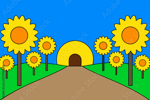 country road tall sunflowers summer bright nature