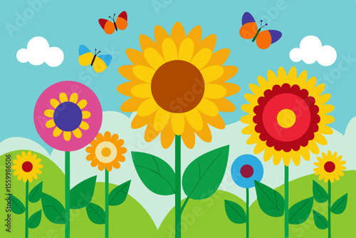 Bright Flower Garden Filled with Sunflowers