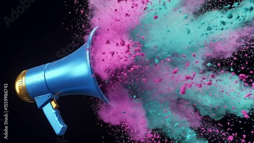 Blue megaphone emitting an explosion of pink and teal powder against a black background