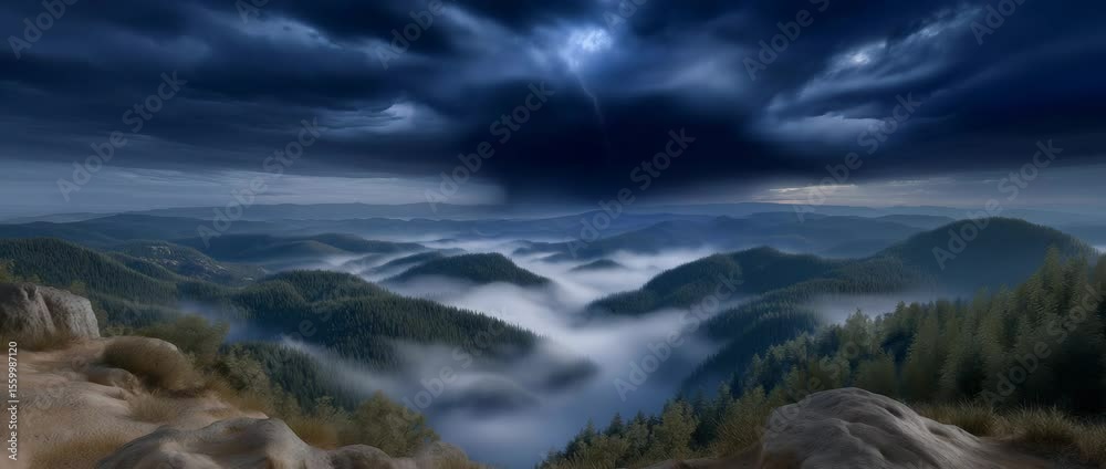Majestic Mountain Vista: A breathtaking panorama of rolling hills and valleys cloaked in mist, under a dramatic, cloud-filled sky, exuding an aura of tranquility and grandeur.