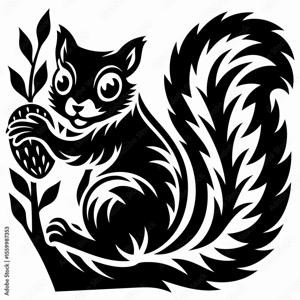 Obraz premium Curious Squirrel with Acorn Black and White Illustration