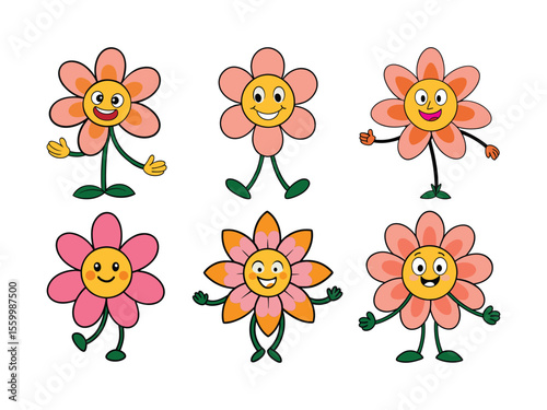 Cheerful Cartoon Flowers with Expressive Faces Illustration