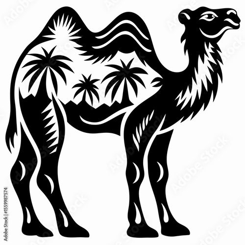 Camel Silhouette Desert Oasis Illustration