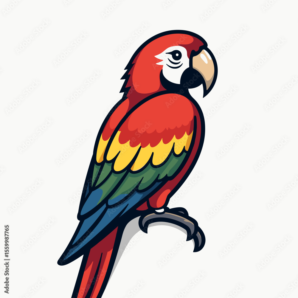 Fototapeta premium Colorful Cartoon Macaw Parrot Perched Illustration, Vibrant Feathers and Playful Design