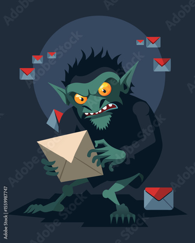 A shadowy trolllike creature haunting a persons emails sending chains of spam and viruses to their inbox.. Vector illustration