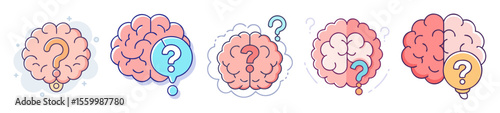 Various human brain graphic illustrations with question marks and thinking symbols