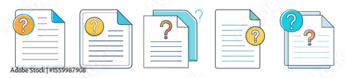 Multiple documents with question mark icons indicating possible FAQ or help topics