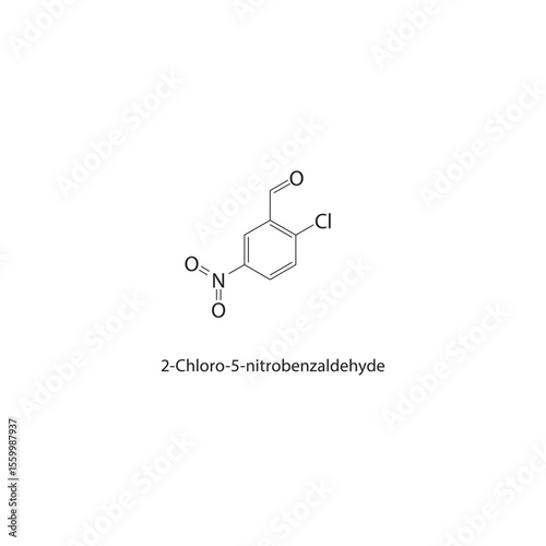 2-Chloro-5-nitrobenzaldehyde skeletal structure. Halogenated nitrobenzaldehyde compound schematic illustration. Simple diagram, chemical formula.