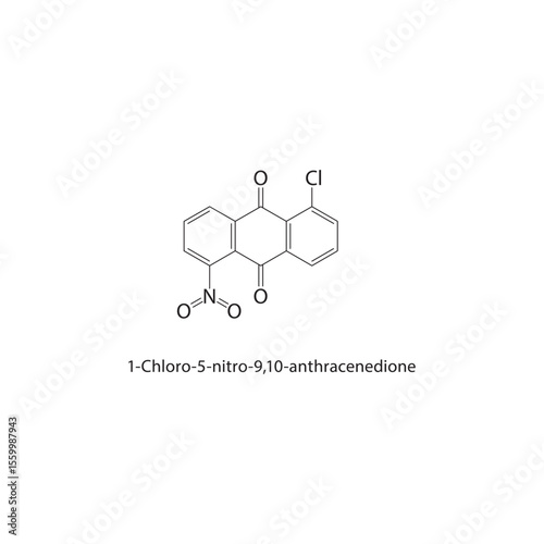 1-Chloro-5-nitro-9,10-anthracenedione skeletal structure. Nitroanthraquinone derivative compound schematic illustration. Simple diagram, chemical formula.