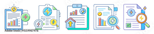 Energy audit reports and electrical consumption analysis with diagrams and checklists