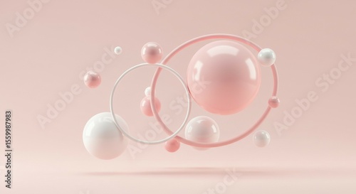 Abstract Spheres and Rings Floating on Pastel Background