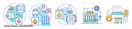 Heating system technology and concepts in a vector illustration with various stages