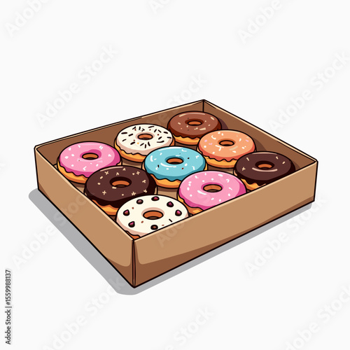 Cartoon Illustration of a Box of Colorful Donuts with Various Toppings and Flavors, Delicious Treat