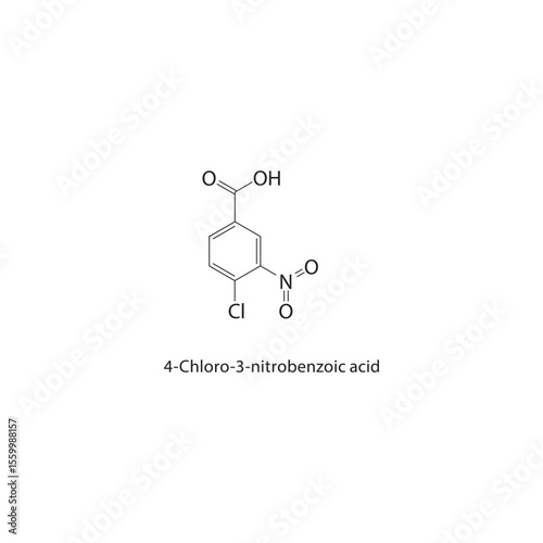 4-Chloro-3-nitrobenzoic acid skeletal structure. Halogenated nitrobenzoic acid compound schematic illustration. Simple diagram, chemical formula.