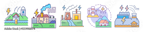 Vector illustration showcasing different types of energy production with associated challenges
