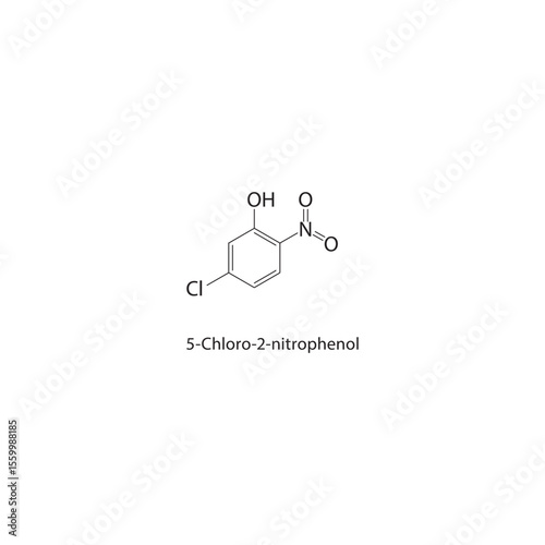 5-Chloro-2-nitrophenol skeletal structure. Halogenated nitrophenol compound schematic illustration. Simple diagram, chemical formula.
