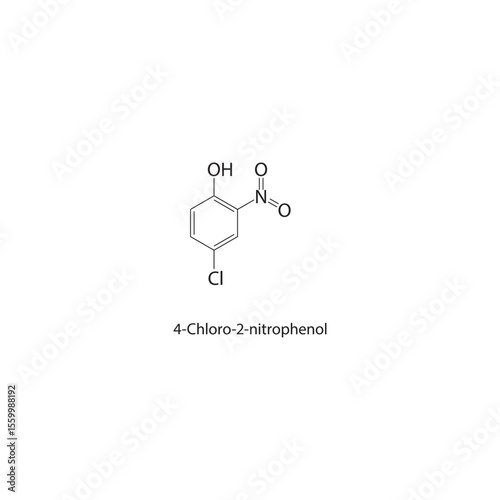 4-Chloro-2-nitrophenol skeletal structure. Halogenated nitrophenol compound schematic illustration. Simple diagram, chemical formula.