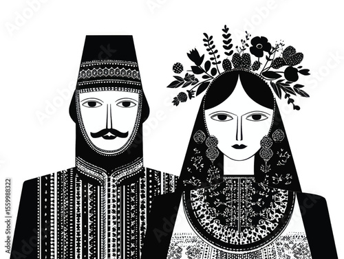 Stylized drawing of a man and woman in traditional Palestinian clothing
