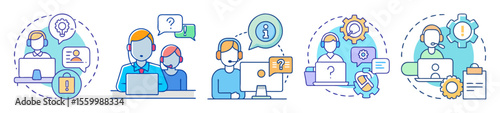 Customer support services illustration set showing various support functions and solutions
