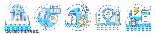 Illustrations depicting various methods of generating energy from ocean resources