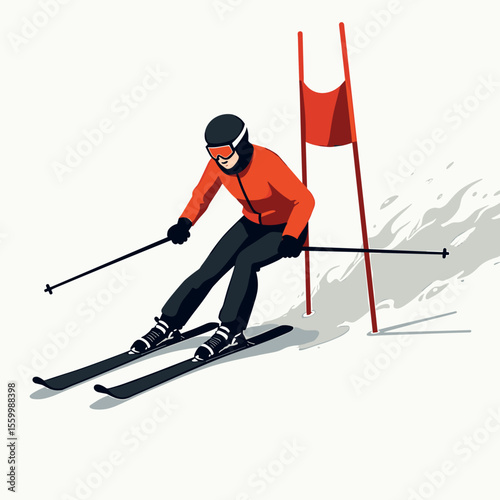 A Skier in Action Navigating a Slalom Course, Wearing Orange Jacket and Black Pants, Illustration Style