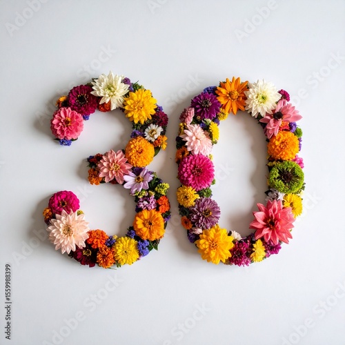 Number 30 made out of flowers with solid white background. Photo for thirtieth birthday or anniversary party