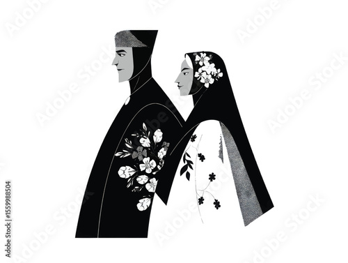 Elegant couple in traditional Malay wedding attire standing together