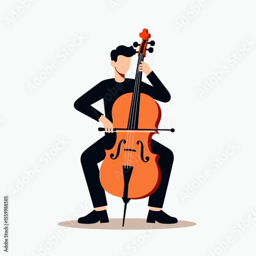 Illustration of a Man Playing the Cello with Focused Expression and Musical Passion