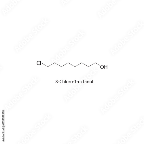 8-Chloro-1-octanol skeletal structure. Halogenated alcohol compound schematic illustration. Simple diagram, chemical formula.