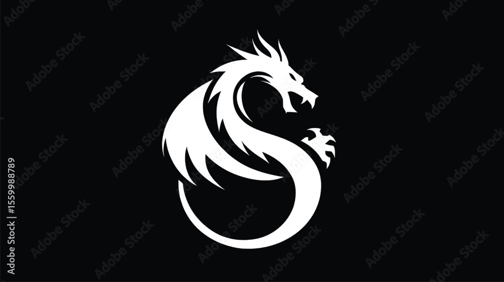 Obraz premium Stylized white dragon curves on a black background, mythical creature art