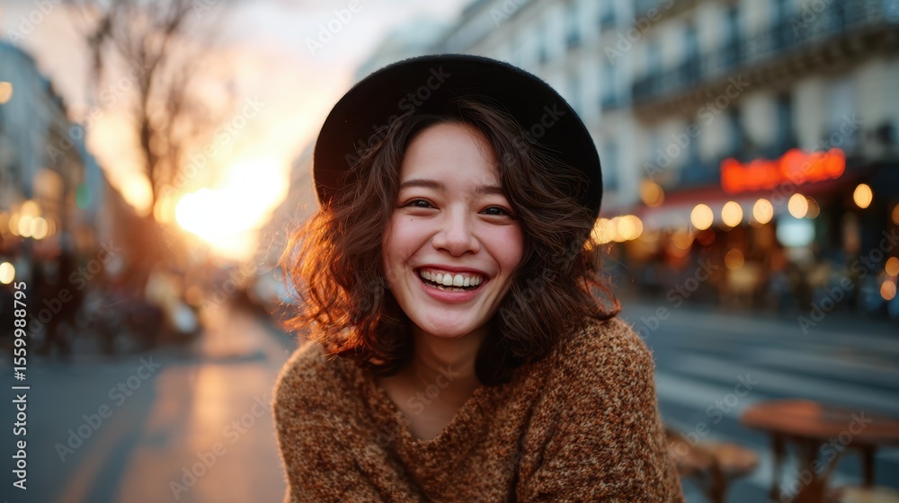 Fototapeta premium A warm and radiant young woman enjoys a sunset in a bustling city, capturing the essence of joy and relaxation amidst the vibrant urban atmosphere and soft evening light.