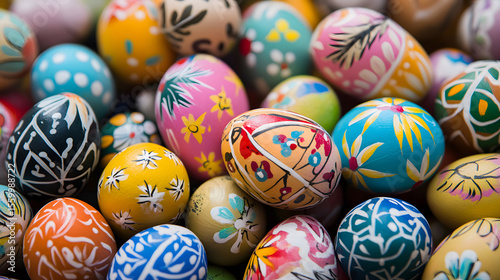 A close-up of brightly painted Easter eggs. Colorful and decorated eggs.