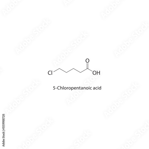 5-Chloropentanoic acid skeletal structure. Halogenated carboxylic acid compound schematic illustration. Simple diagram, chemical formula.