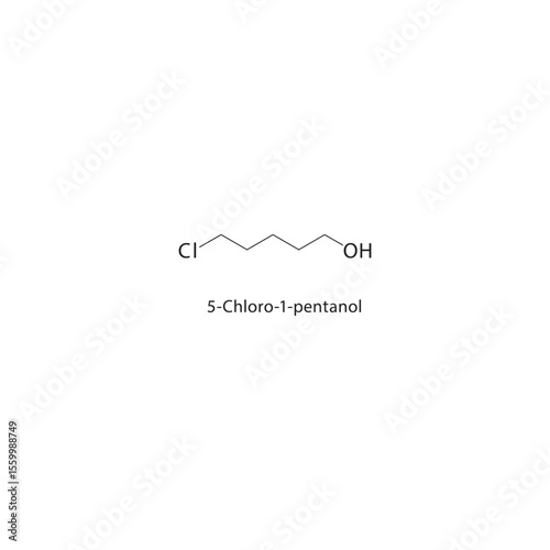 5-Chloro-1-pentanol skeletal structure. Halogenated alcohol compound schematic illustration. Simple diagram, chemical formula.