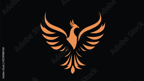 Orange phoenix bird with spread wings against black background