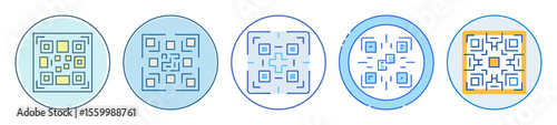 Collection of Distinct QR Code Icons Encased in Light Blue Circular Frames