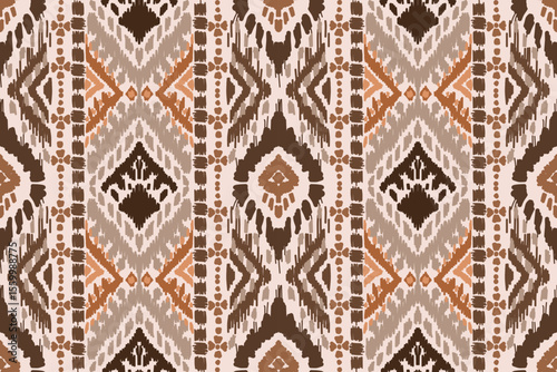 Seamless traditional ikat pattern with earthy tones in geometric and tribal-inspired design. Ideal for textiles, wallpapers, and ethnic-themed projects.