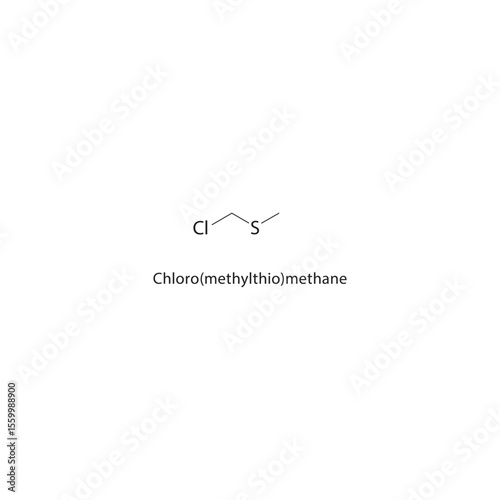 Chloro(methylthio)methane skeletal structure. Halogenated thioether compound schematic illustration. Simple diagram, chemical formula.