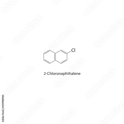 2-Chloronaphthalene skeletal structure. Halogenated polycyclic aromatic compound schematic illustration. Simple diagram, chemical formula.