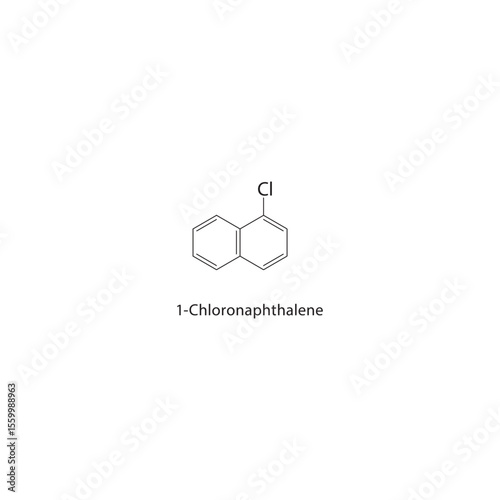 1-Chloronaphthalene skeletal structure. Halogenated polycyclic aromatic compound schematic illustration. Simple diagram, chemical formula.