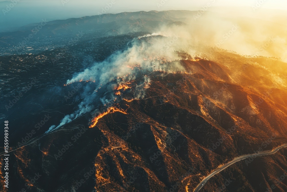 Naklejka premium Los Angeles County, California, Wildfire Map Pacific Palisades, Santa Monica, Malibu Disaster Zones, Wildfire map of Los Angeles County highlighting disaster zones in Pacific Palisades, Santa Monica