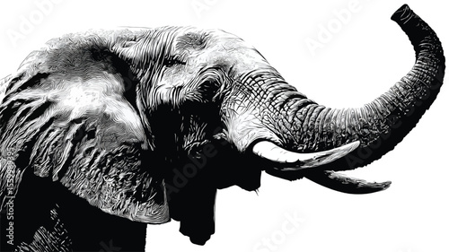 Close up of an african elephant with detailed skin and white background