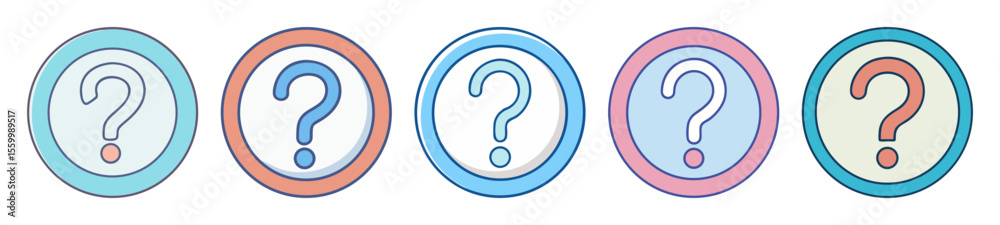 Colorful question mark symbols, set of five different colors in round design